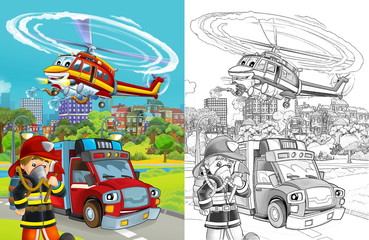 cartoon sketch scene with fire brigade car vehicle on the road