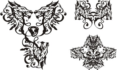 Tribal dragon head symbols - three options. Abstract symbols of dragons for tattoo, emblems, embroidery, prints, etc. Black on White