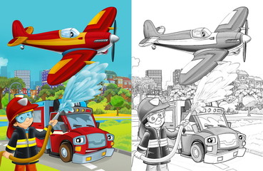 cartoon sketch scene with fire brigade car vehicle on the road