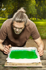 Casting of possible emerald tablet visualisation with epoxy resin to prepared form (no real meaning)