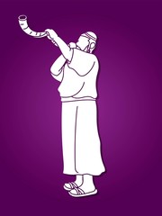 Obraz na płótnie Canvas Feast of trumpets.Jewish blowing the shofar horn cartoon graphic vector