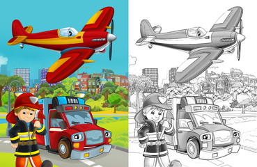 cartoon sketch scene with fire brigade car vehicle on the road