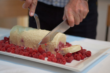 Slicing into semifreddo dessert