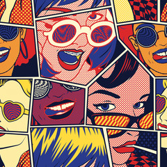 Retro Pop art girls Seamless pattern vector background