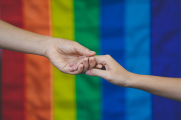 Lesbian image holding hands with lgbtq flag as background. - obrazy, fototapety, plakaty