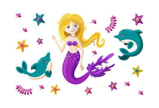 Set with fairy mermaid, cute little dolphins, seaweed and colorful starfish. Happy mermaid with waving golden hair. Cartoon vector illustration.