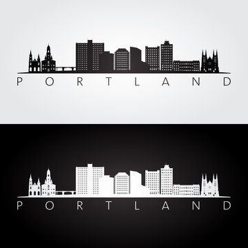 Portland, Maine skyline and landmarks silhouette, black and white design, vector illustration.