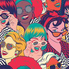 Fototapeta na wymiar Retro Pop art girls Seamless pattern vector background