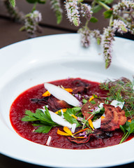 Colorful plate of beet soup with fresh herbs.