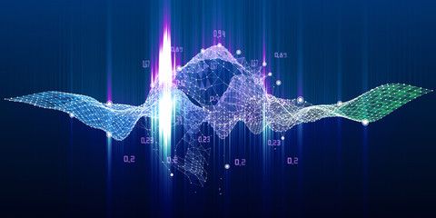 Abstract visualization analyze algorithm wavy grid data. Quantum virtual cryptography concept with colorful grid and blurred lines. Banner for business, science and technology. Big data. 
