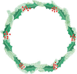 ヒイラギのクリスマスリース 手描き水彩風ベクターイラスト
