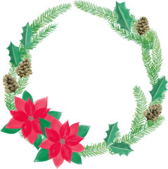 冬のポインセチアとヒイラギのリース 文字スペースイラスト