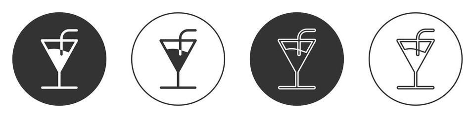 Black Cocktail icon isolated on white background. Circle button. Vector Illustration.