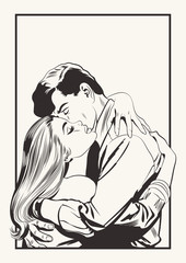 Fototapeta na wymiar Lovers Hug, Couple in Love, Retro Comic Book Art Style Hand Drawn Illustration 