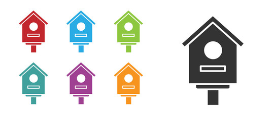 Black Bird house icon isolated on white background. Nesting box birdhouse, homemade building for birds. Set icons colorful. Vector Illustration.