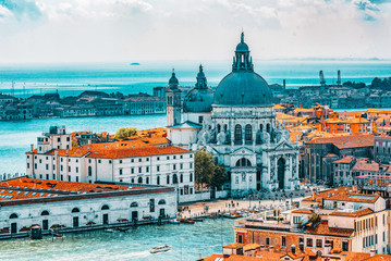 Panoramic view of Venice from the Campanile tower of St. Mark's Cathedral.Temple San Giorgio...