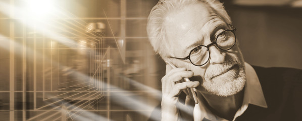 Portrait of senior modern man talking on mobile phone; multiple exposure