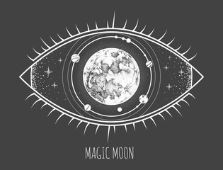 Modern magic witchcraft card with solar system and all-seeing eye. Hand drawing occult moon illustration