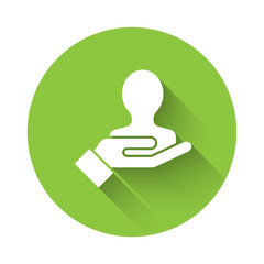 White Hand for search a people icon isolated with long shadow. Recruitment or selection concept. Search for employees and job. Green circle button. Vector Illustration.