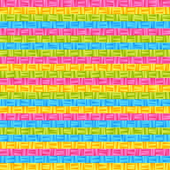 Fototapeta na wymiar Bright Gradient Striped Seamless Pattern of Blue, Green, Pink, Yellow Geometric Elements Squares. Universal Abstract Continuous Background of Colorful Horizontal Stripes.