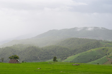 Fototapeta na wymiar Natural scenery of green mountains and clear blue sky