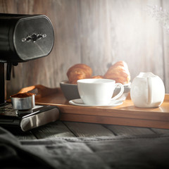 Coffee on the table in a retro setting on a sunny morning