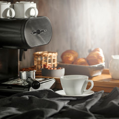 Coffee on the table in a retro setting on a sunny morning