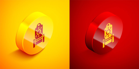 Isometric Medieval throne icon isolated on orange and red background. Circle button. Vector.