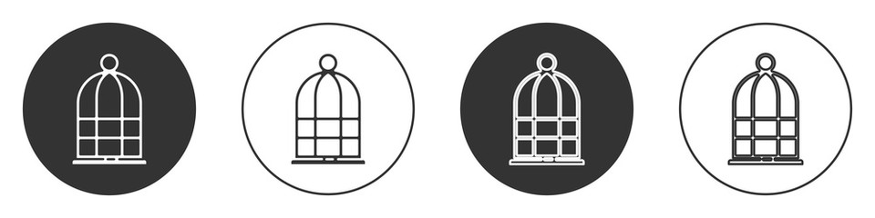 Black Cage for birds icon isolated on white background. Circle button. Vector.