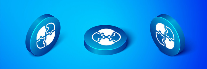 Isometric Piece of puzzle icon isolated on blue background. Business, marketing, finance, template, layout, infographics, internet concept. Blue circle button. Vector.