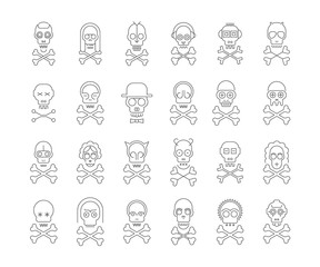 Thin grey line art silhouettes isolated on a white background Skull and Crossbones vector icon set. Large bundle of unique design elements, each icon is on a separate layer.