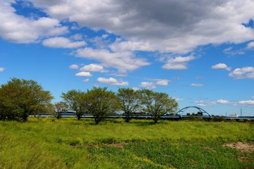 Naklejka premium 空 雲 田舎 春 渡良瀬 風景