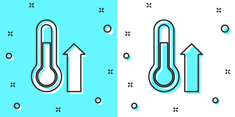 Black line Meteorology thermometer measuring icon isolated on green and white background. Thermometer equipment showing hot or cold weather. Random dynamic shapes. Vector.