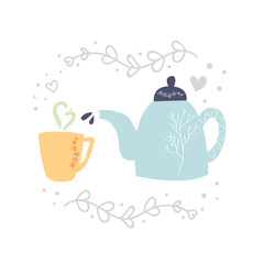 Hand drawn teapot and cup with tea or hot drink. Cozy home, kitchen concept. Flat illustration.