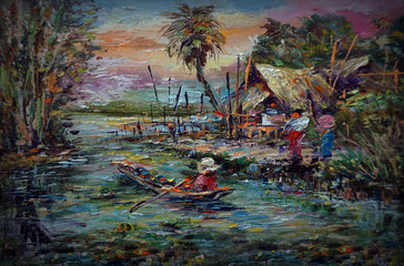 Fototapeta na wymiar Art painting Oil color Floating market on canvas Thai land