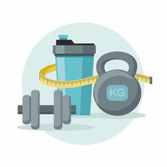 Sports equipment. Shaker, dumbbell and weights. Healthy sport and diet 