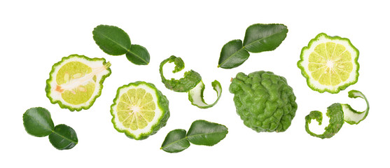 Fresh bergamot fruit with leaf  on white background