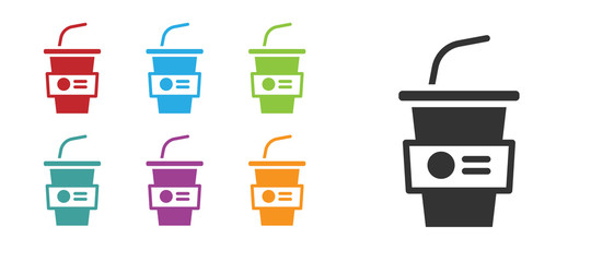 Black Paper glass with drinking straw and water icon isolated on white background. Soda drink glass. Fresh cold beverage symbol. Set icons colorful. Vector.