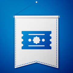 Blue Ticket icon isolated on blue background. Amusement park. White pennant template. Vector.