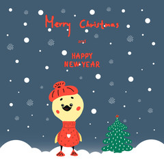 Christmas card with cute funny duck on red sweater,christmas tree on background of snowflakes.hand-drawn vector illustration in cartoon style. greeting card-happy new year 2021 and Christmas holidays