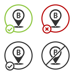 Black Location bitcoin icon isolated on white background. Physical bit coin. Blockchain based secure crypto currency. Circle button. Vector.