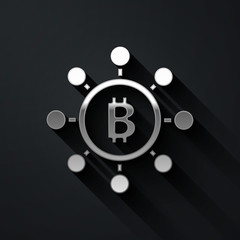Silver Blockchain technology Bitcoin icon isolated on black background. Abstract geometric block chain network technology business. Long shadow style. Vector.