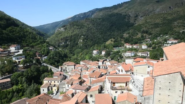 Panoramic view of the rural town of Papasidero, in the region of Calabria, Italy.
