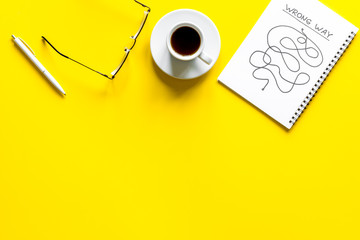 Wrong way illustration. Confused complicated path in notepad copy space