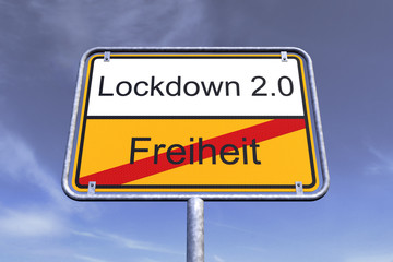 Obraz premium 3d Illustation - Ortsschild - Ortstafel - Coronavirus - Freiheit - Lockdown 2.0 - Himmel - Wolken