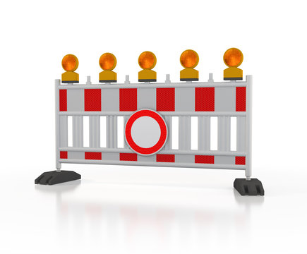 3d Illustration - Baustelle - Absperrschranke mit Blitzlichter und Durchfahrtverbotsschild