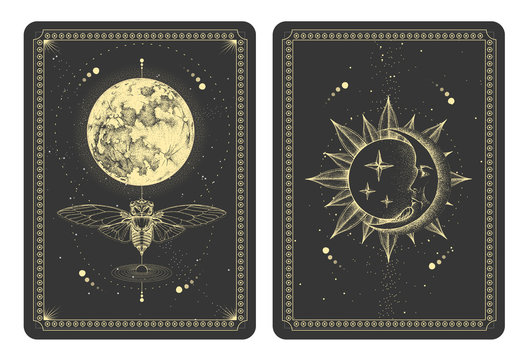 Modern magic witchcraft taros cards with butterfly and full moon. Sun and moon with human face. Vector illustration