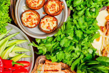 Presentation of georgian cuisine. Baked mushrooms with suluguni cheese, Tbilisi Caesar, caprese, lavash bread, Pkhali