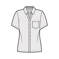 Shirt technical fashion illustration with angled pocket, short sleeves, relax fit, front button-fastening, regular collar. Flat apparel template front, grey color. Women, men unisex top CAD mockup