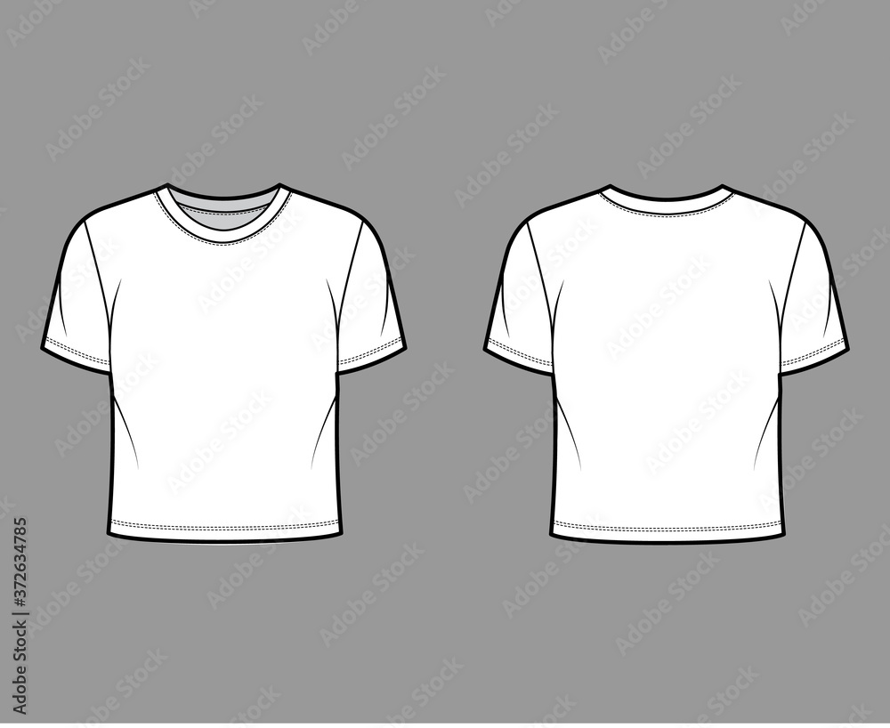 Sticker Cropped cotton-jersey t-shirt technical fashion illustration with relaxed fit, crew neckline, short sleeves. Flat outwear basic apparel template front back white color. Women men unisex top CAD mockup